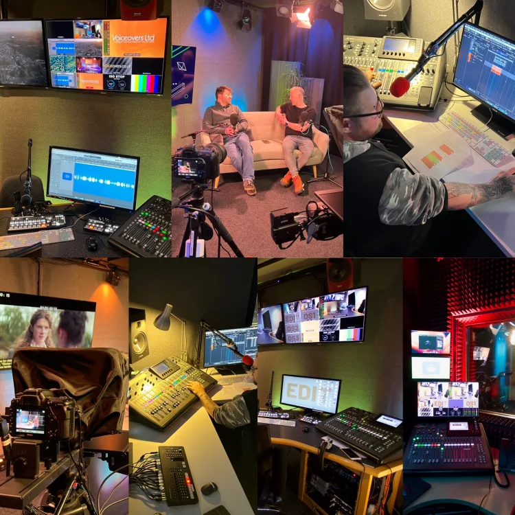 Five of our new studios spaces, Studio 1 (Audio Engineering/Gallery), Studio 2 (Podcast/On-Screen), Studio 3 (Voice Booth/Engineering Control), Studio 4 (Secondary Booth), Studio 5 (Remote Sessions/Audio Editing).